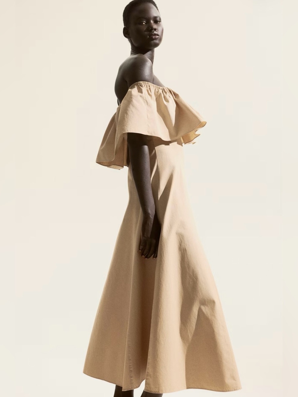 H&M COTTON FLOUNCED OFF-THE-SHOULDER DRESS (BEIGE) NWT SZ SMALL